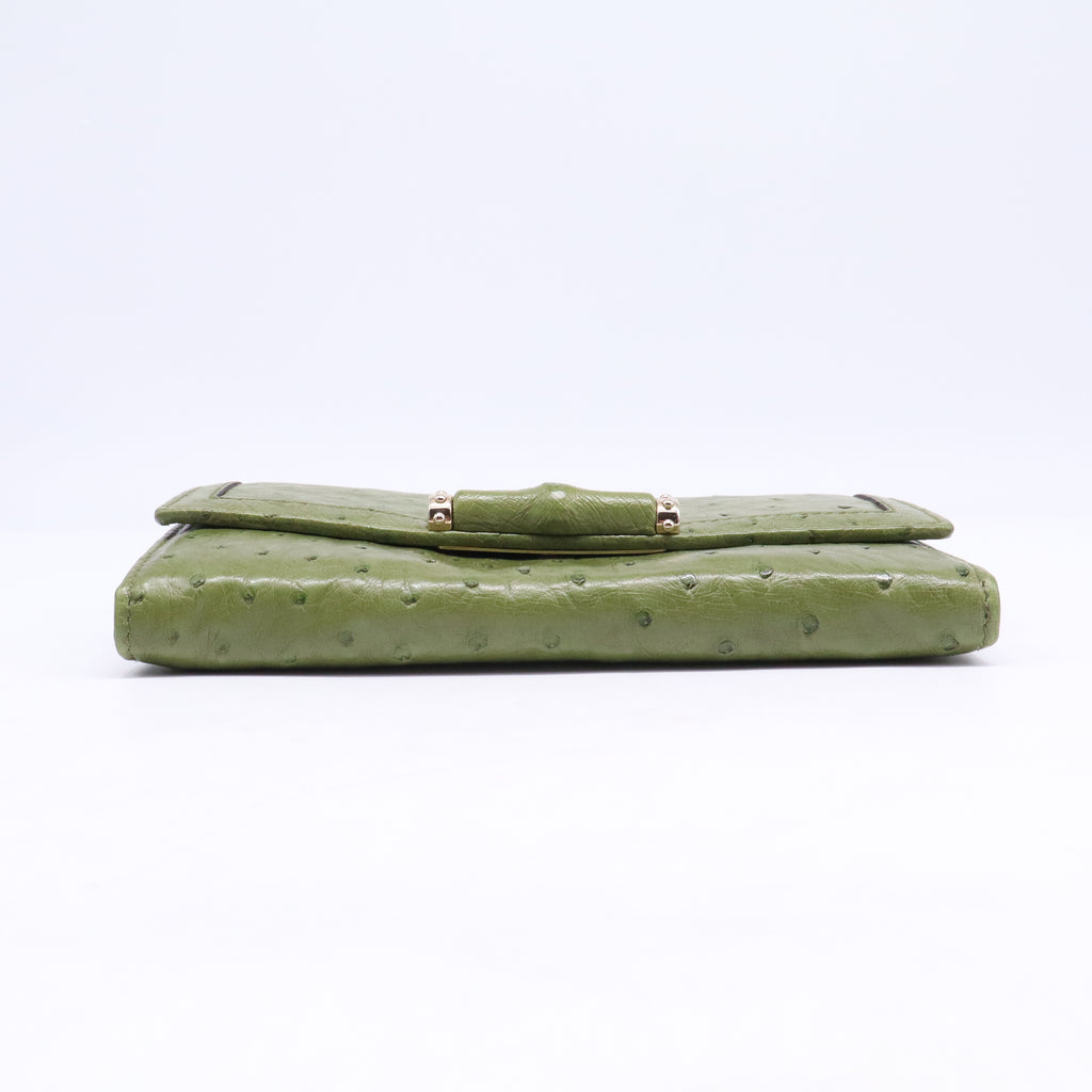 Gucci Green Ostrich Leather Bamboo Bar Continental Wallet W21027