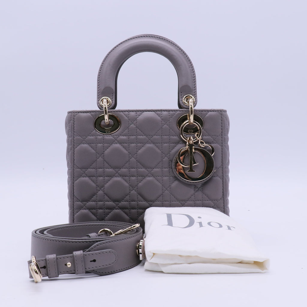 Christian Dior Grey Cannage Quilted Lambskin Leather Small Lady Dior Bag twins LDJ3918