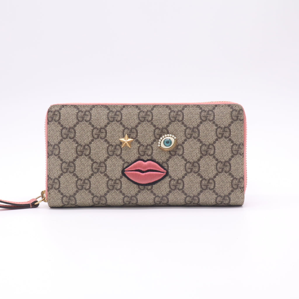 Gucci GG Supreme Monogram Embroidered Face Zip Around Wallet W22420