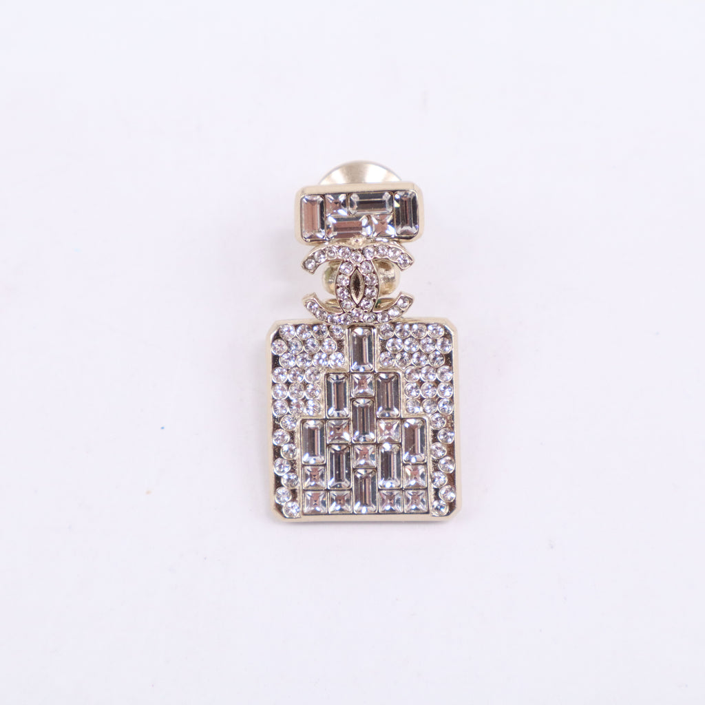 Crystal and Pale Gold Metal CC Perfume Bottle Brooch W21150