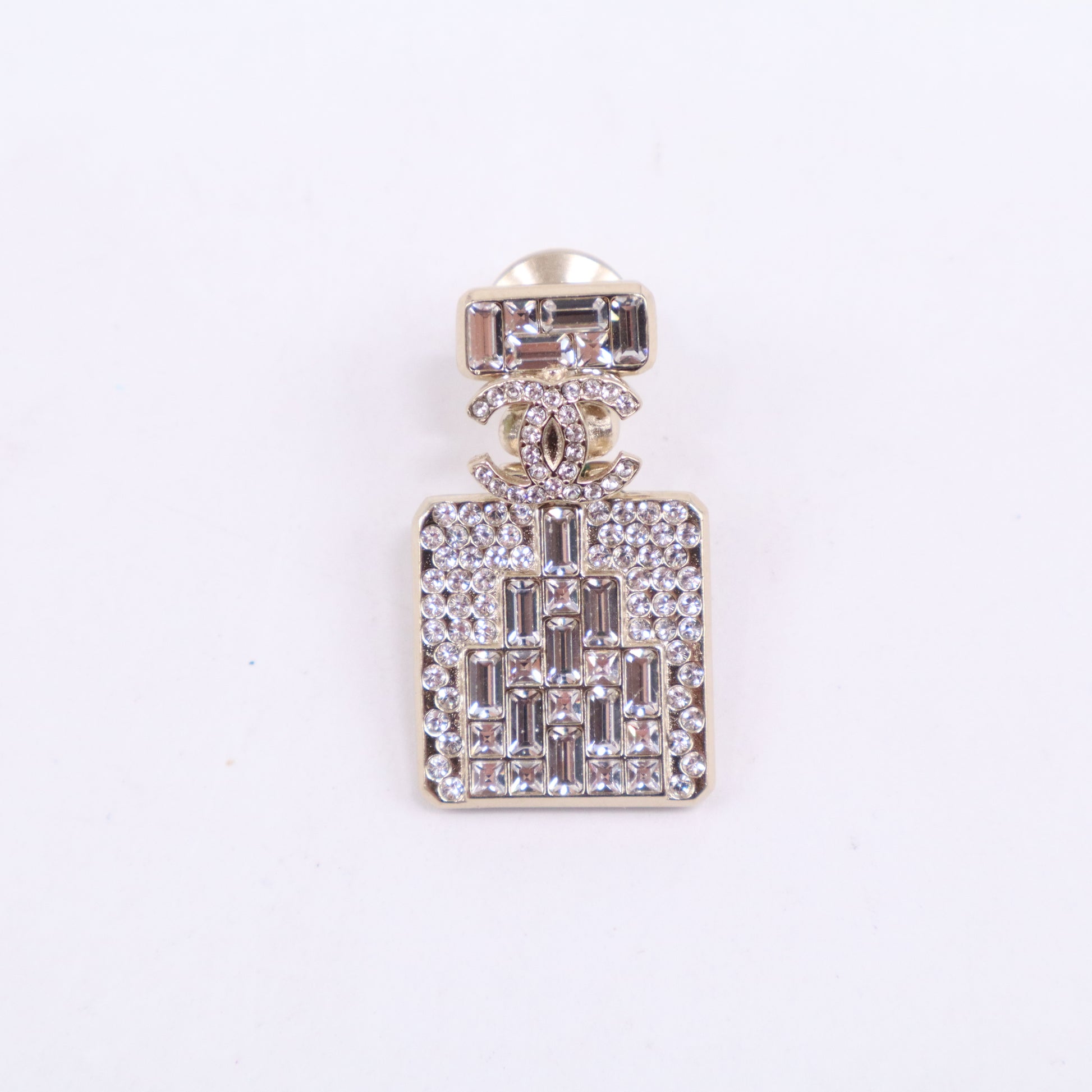 Crystal and Pale Gold Metal CC Perfume Bottle Brooch W21150