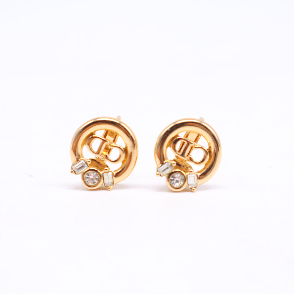 Christian Dior Vintage CD Logo Rhinestone Circle Clip-On Earrings W21148