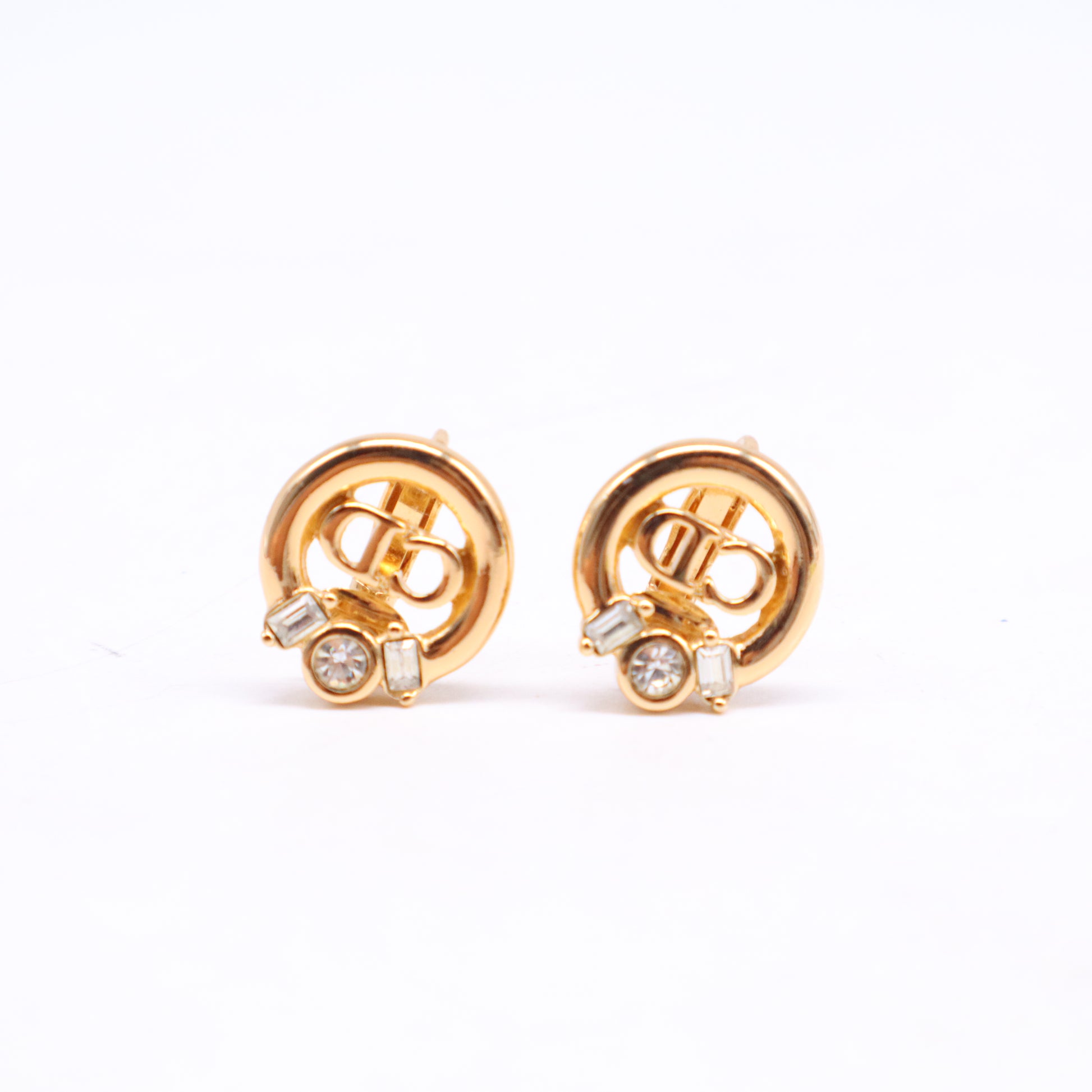 Christian Dior Vintage CD Logo Rhinestone Circle Clip-On Earrings W21148