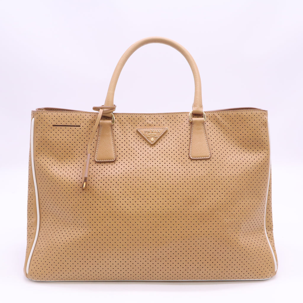Caramel/White Perforated Saffiano Lux Leather Tote Bag B24215
