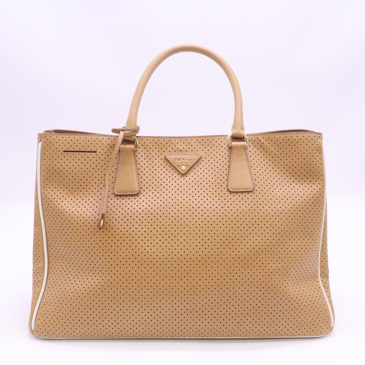 Caramel/White Perforated Saffiano Lux Leather Tote Bag B24215