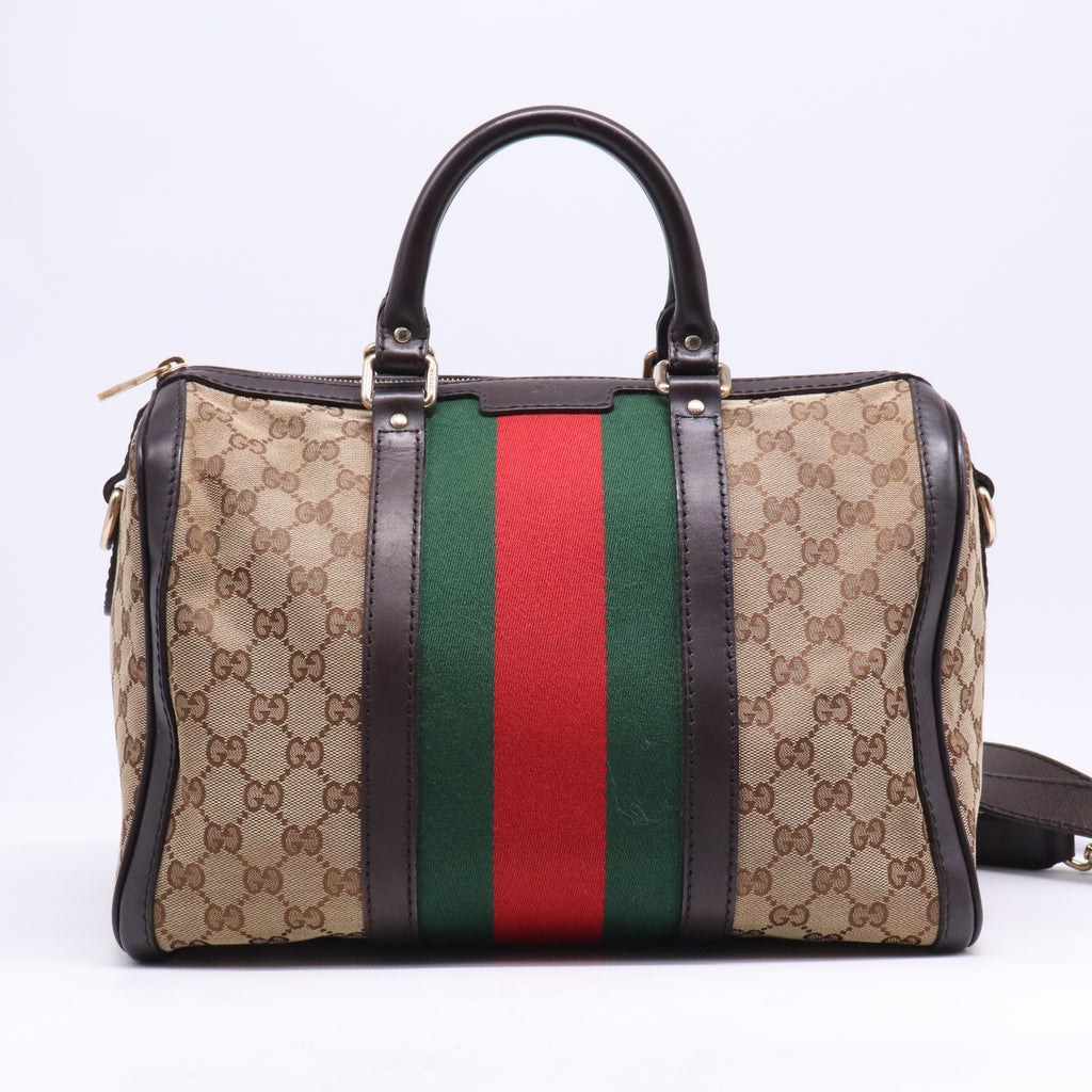Gucci Monogram Selleria Calfskin Vintage Web Medium Boston Dark Brown B21675