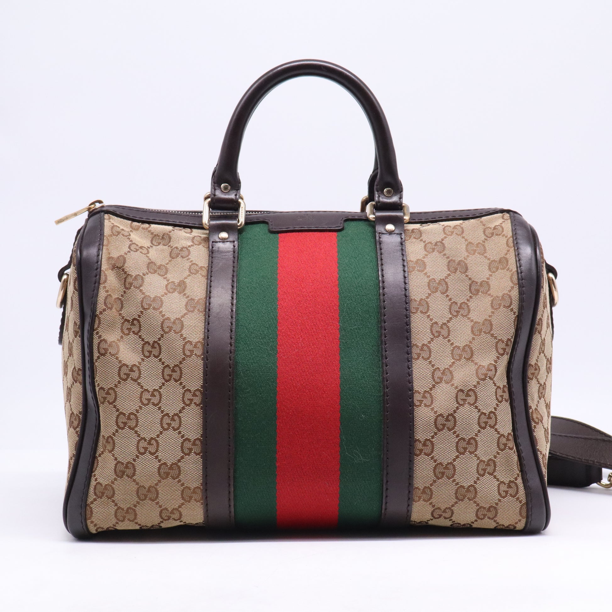 Gucci Monogram Selleria Calfskin Vintage Web Medium Boston Dark Brown B21675