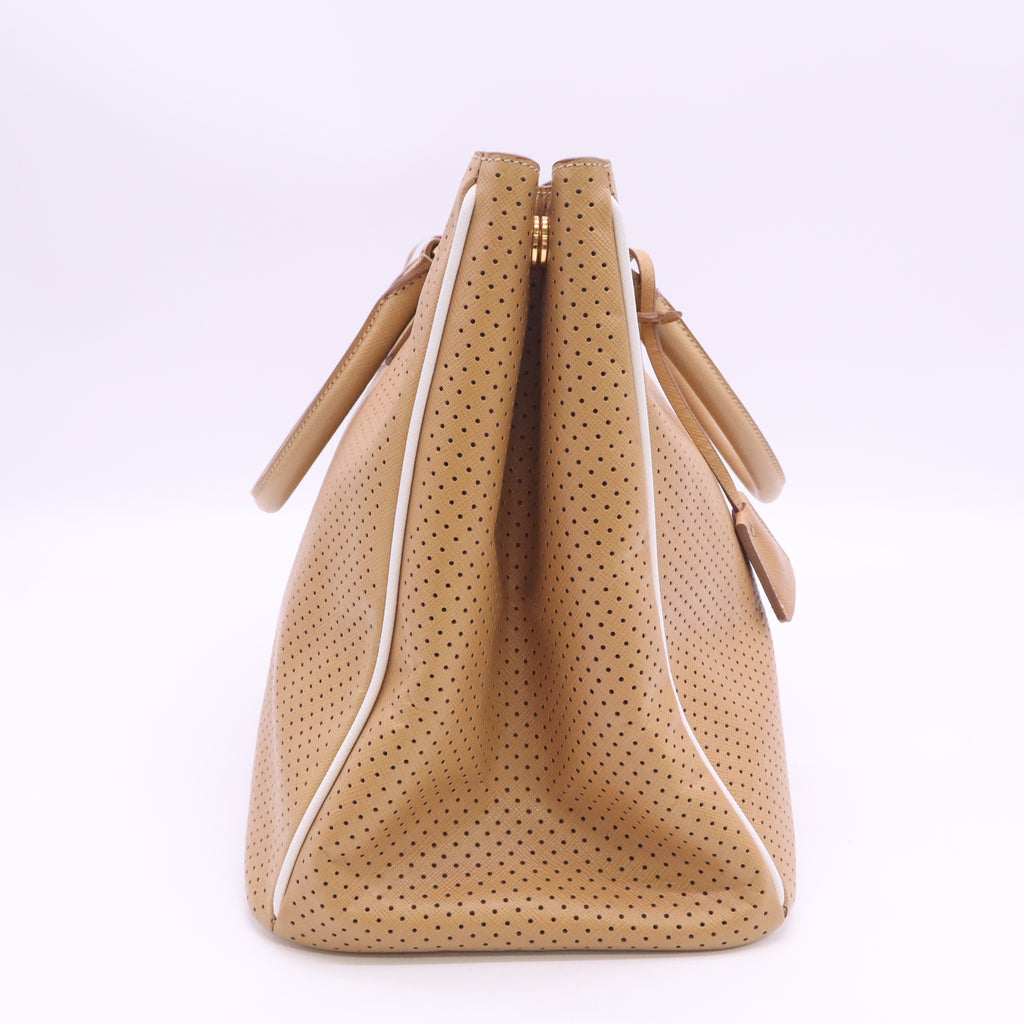 Caramel/White Perforated Saffiano Lux Leather Tote Bag B24215