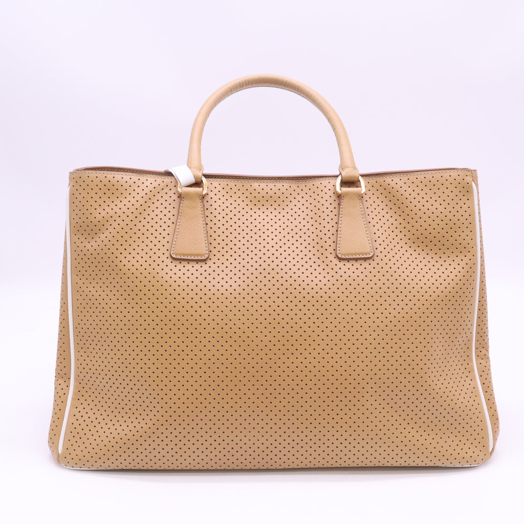 Caramel/White Perforated Saffiano Lux Leather Tote Bag B24215