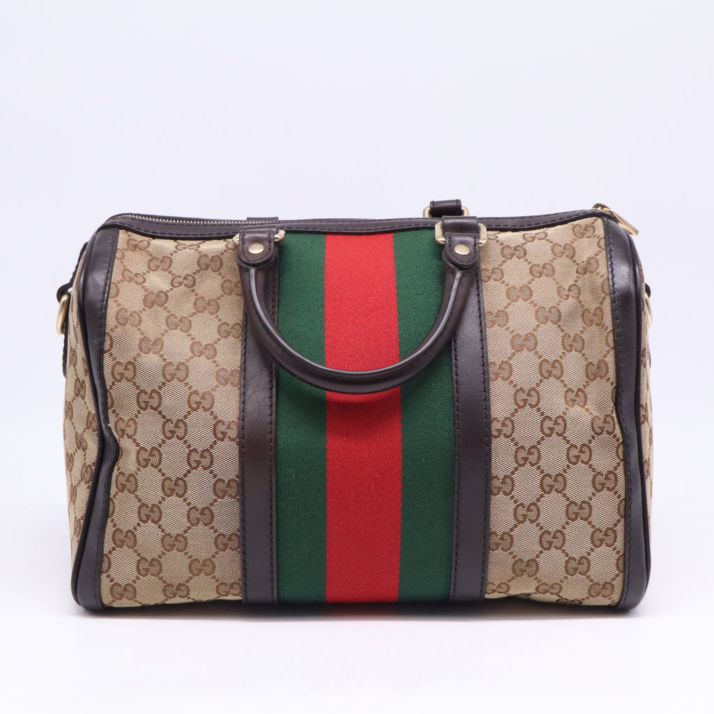 Gucci Monogram Selleria Calfskin Vintage Web Medium Boston Dark Brown B21675