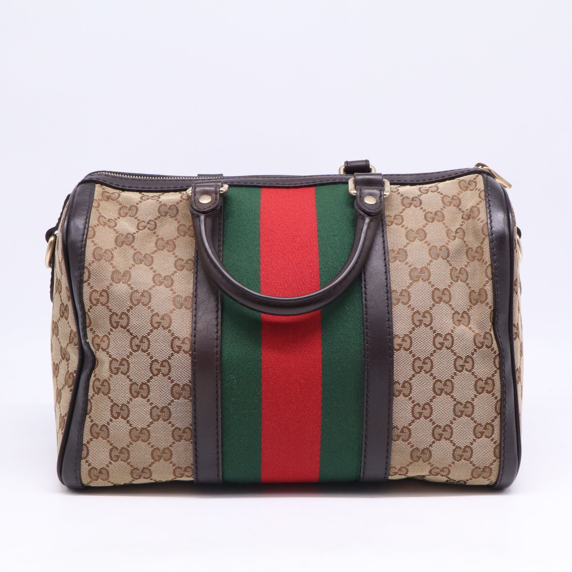 Gucci Monogram Selleria Calfskin Vintage Web Medium Boston Dark Brown B21675