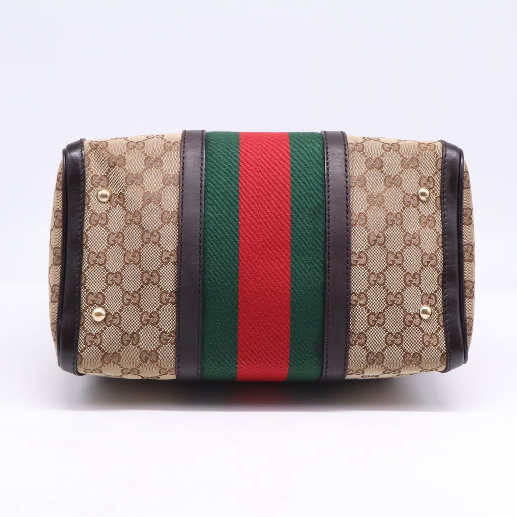 Gucci Monogram Selleria Calfskin Vintage Web Medium Boston Dark Brown B21675