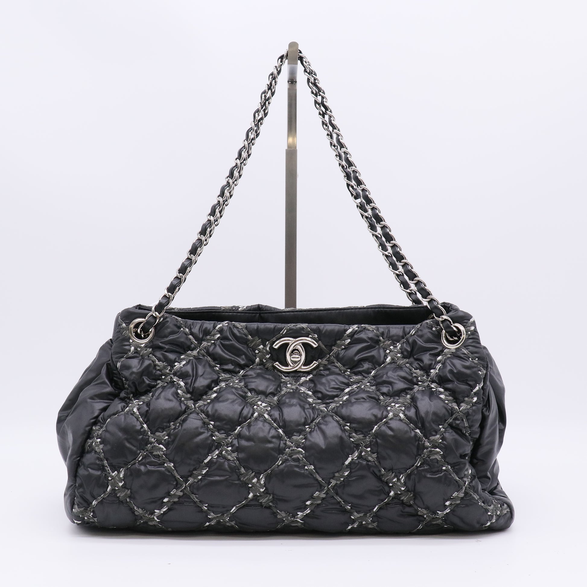 Chanel Nylon Quilted Tweed Stitch Bubble Tote Black twins B22981