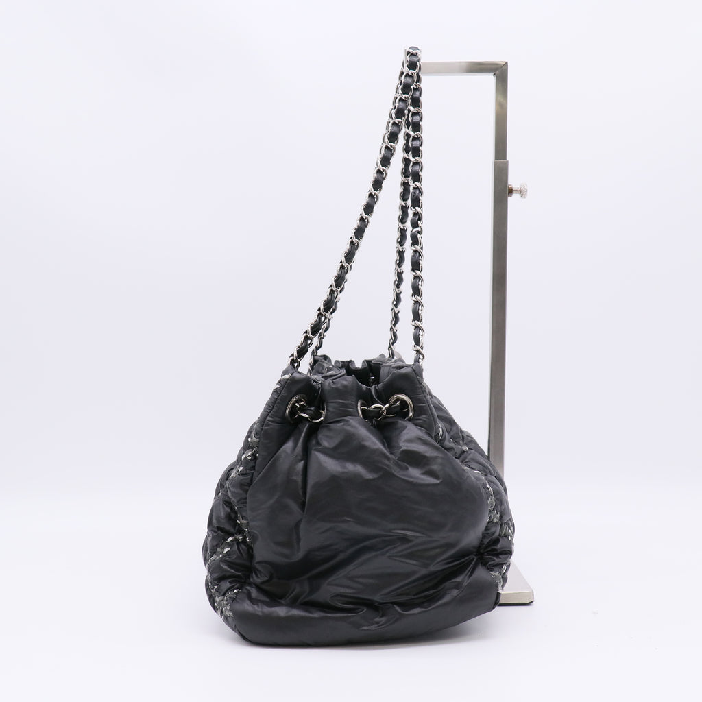 Chanel Nylon Quilted Tweed Stitch Bubble Tote Black twins B22981