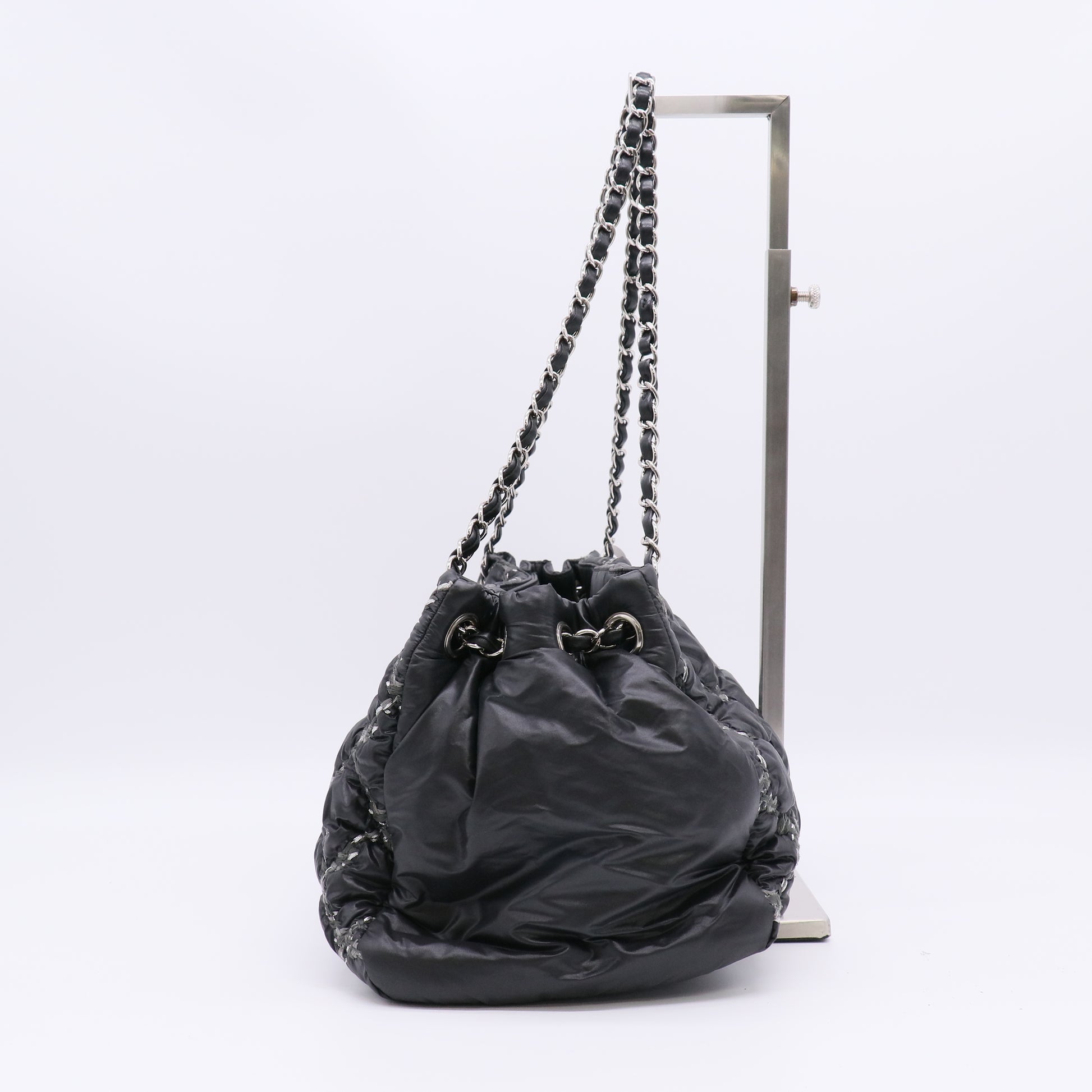 Chanel Nylon Quilted Tweed Stitch Bubble Tote Black twins B22981