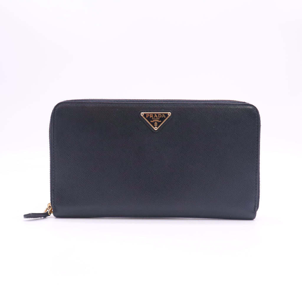 Prada Saffiano Triangle Zip Around Wallet Black W23505