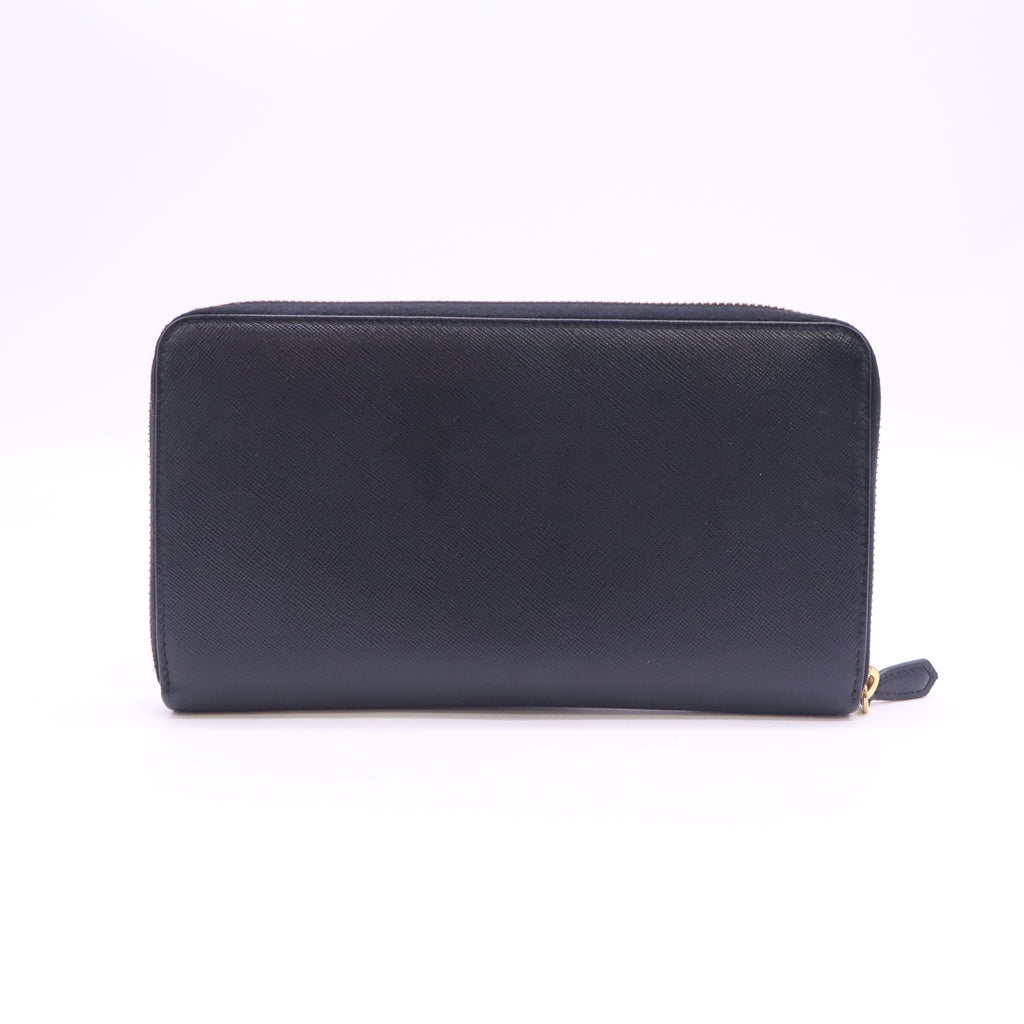 Prada Saffiano Triangle Zip Around Wallet Black W23505
