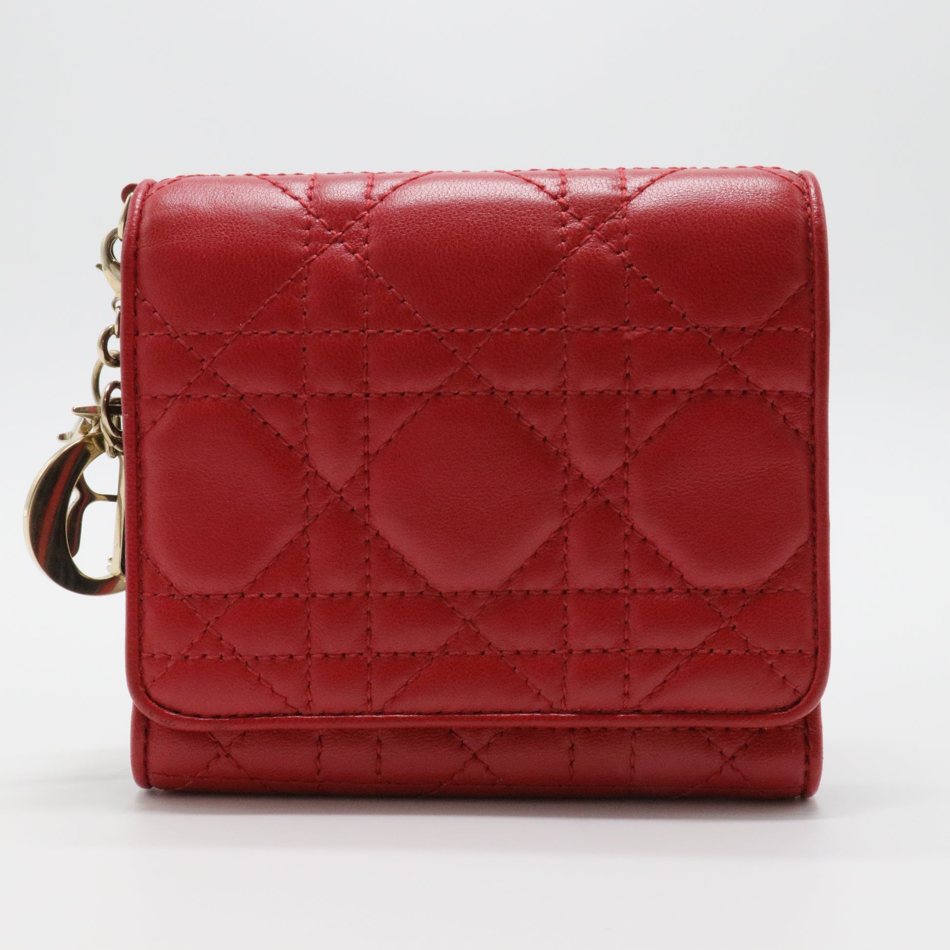 Red Cannage Leather Lady Dior Trifold Compact Wallet