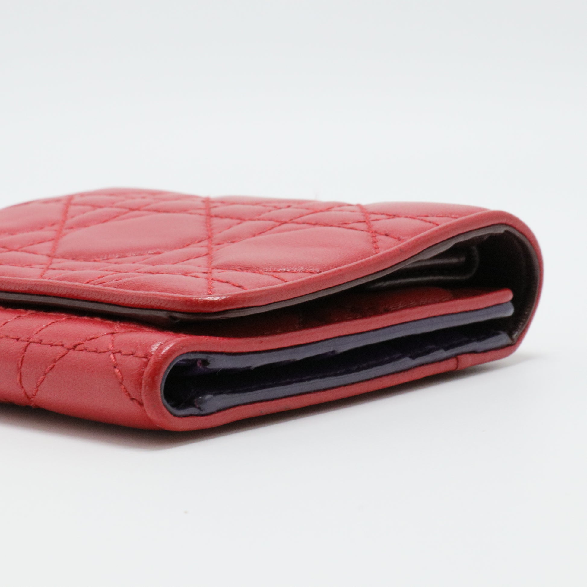 Red Cannage Leather Lady Dior Trifold Compact Wallet