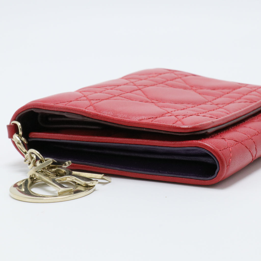 Red Cannage Leather Lady Dior Trifold Compact Wallet