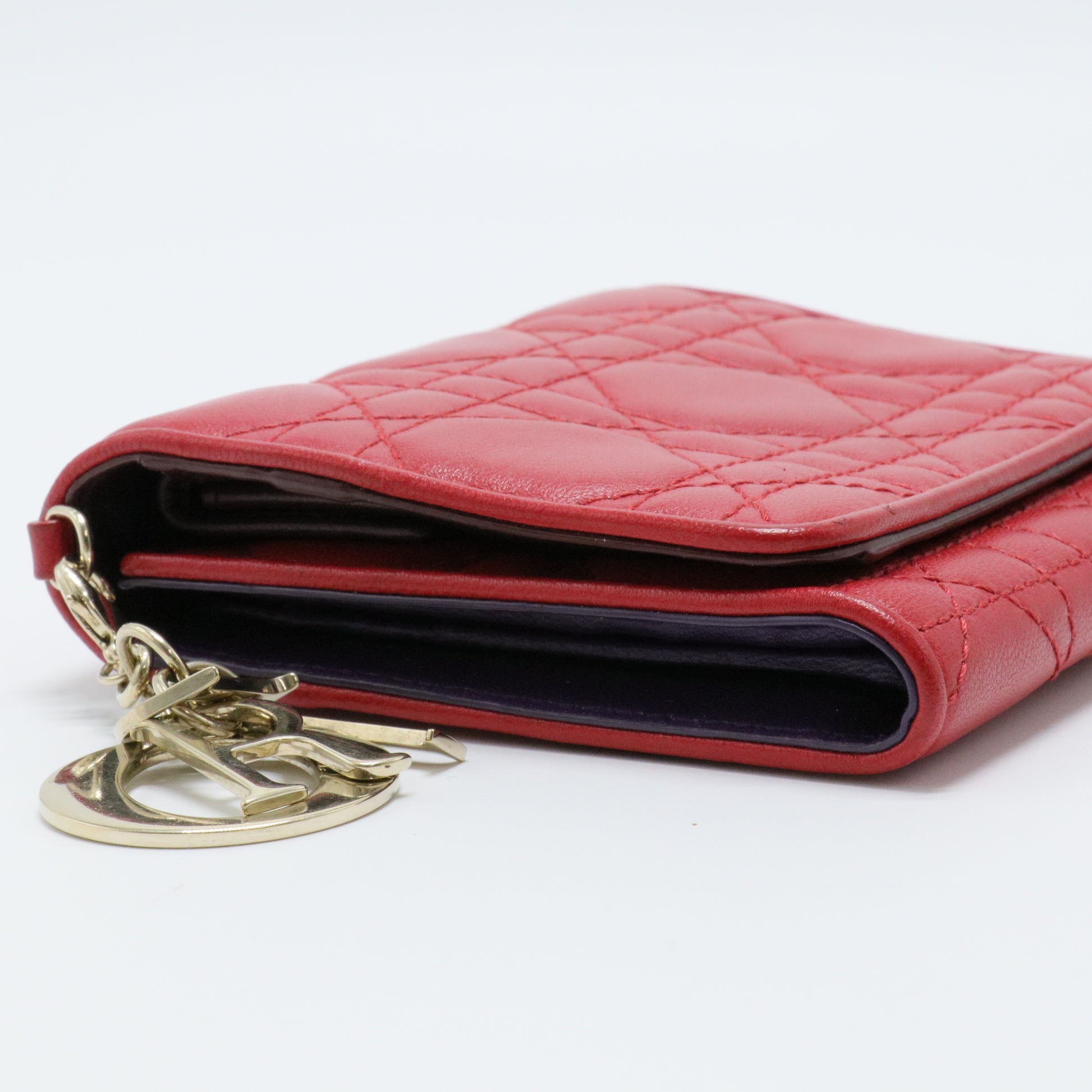 Red Cannage Leather Lady Dior Trifold Compact Wallet
