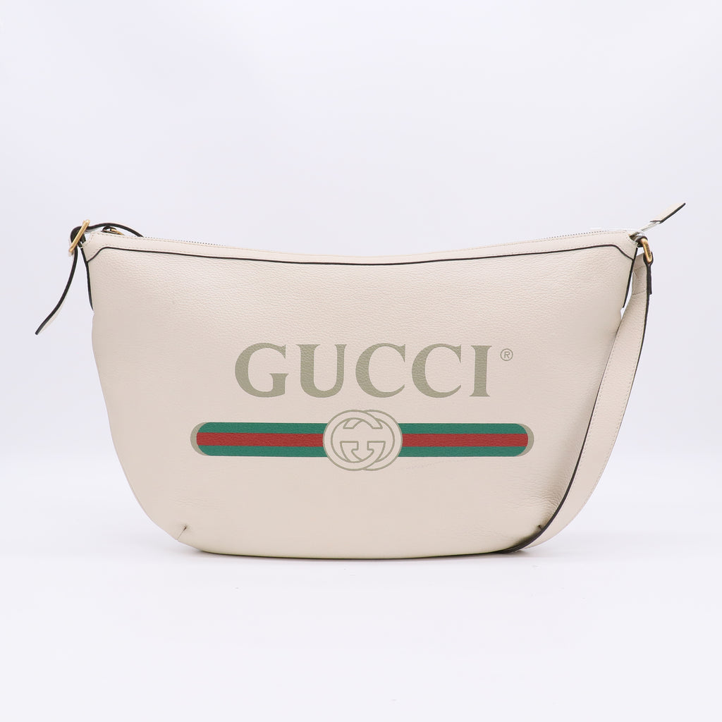 Gucci White Pebbled Leather Logo Print Half Moon Hobo Bag LDZ157