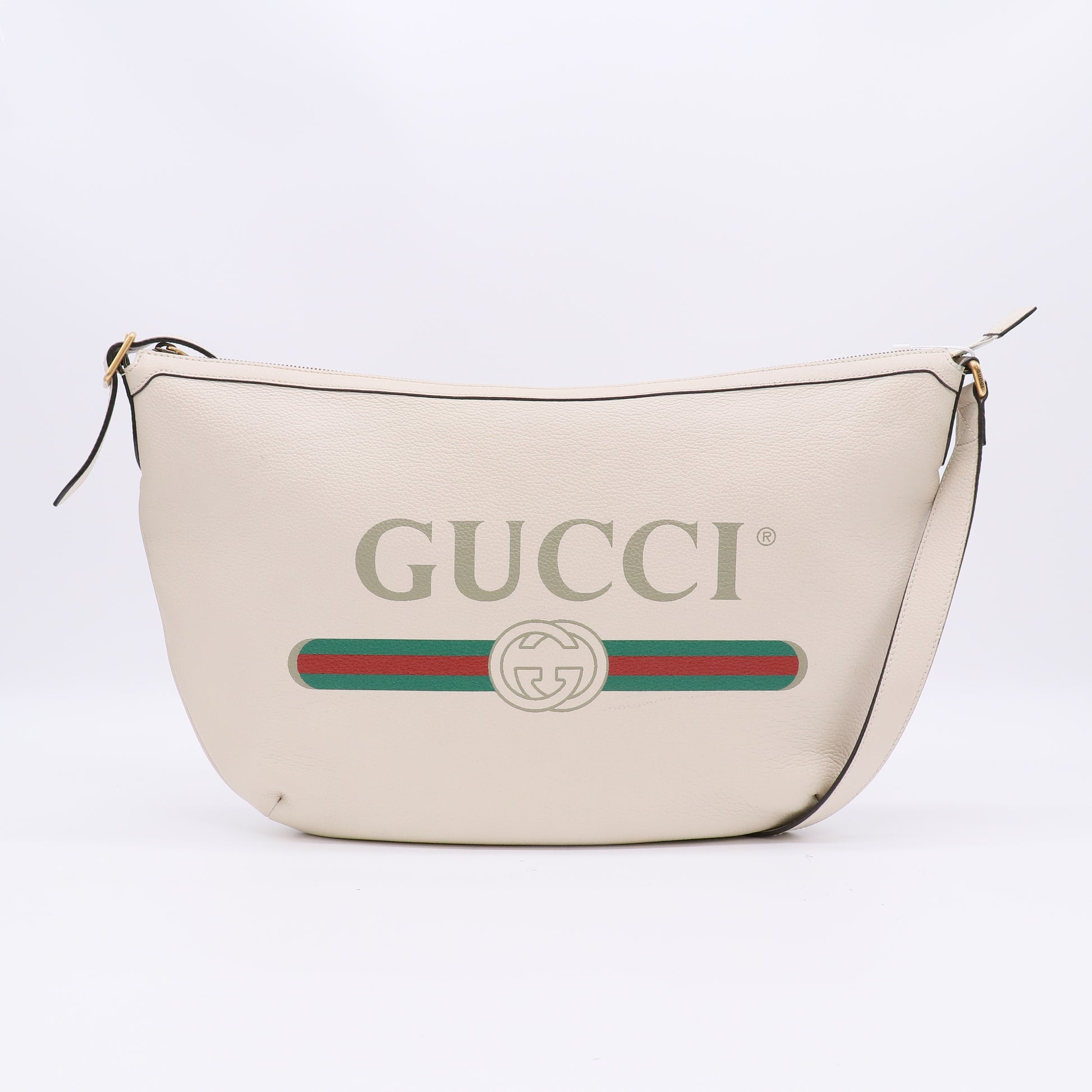 Gucci White Pebbled Leather Logo Print Half Moon Hobo Bag LDZ157