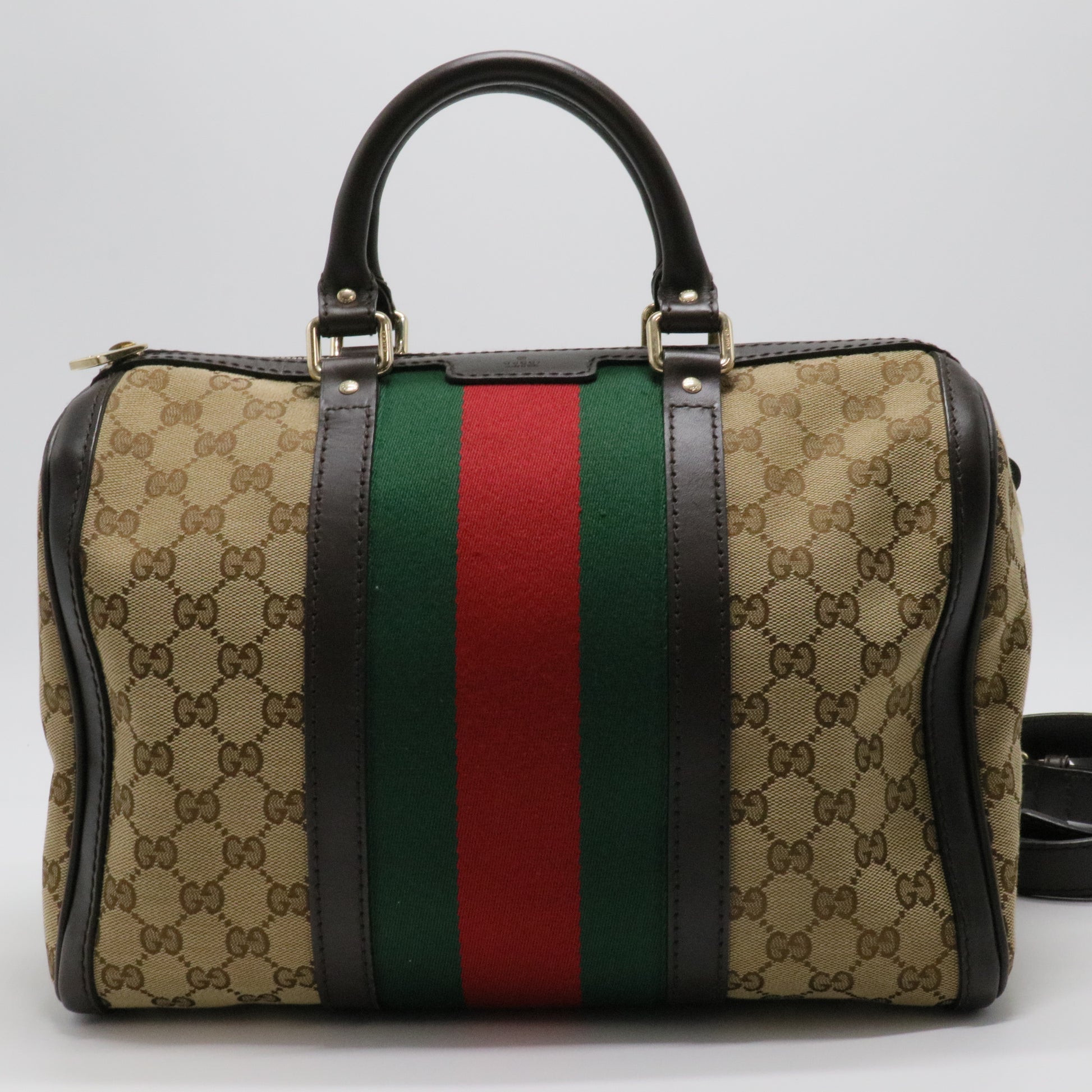 Brown/Beige GG Canvas and Leather Medium Vintage Web Boston Bag