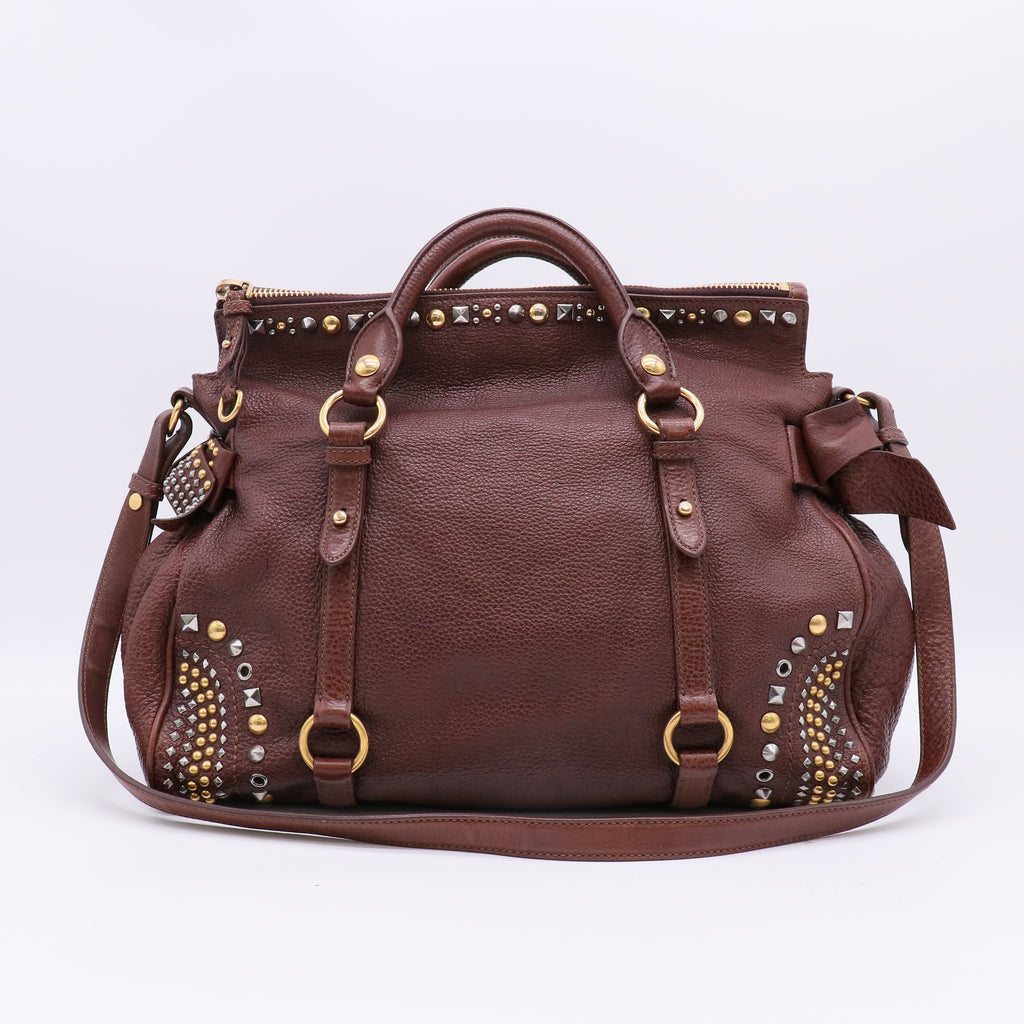 Miu Miu Leather Vitello Lux Bow Bag Burgundy/Brown twins B20789