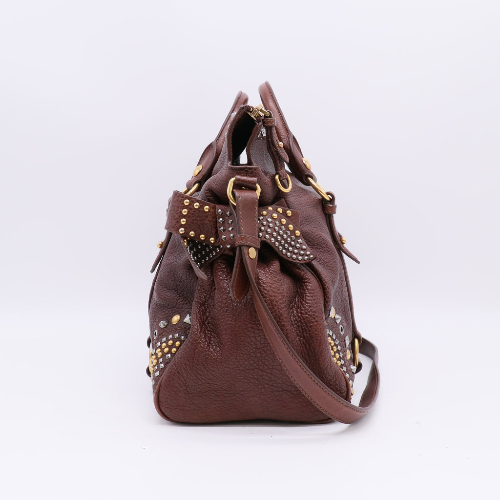 Miu Miu Leather Vitello Lux Bow Bag Burgundy/Brown twins B20789