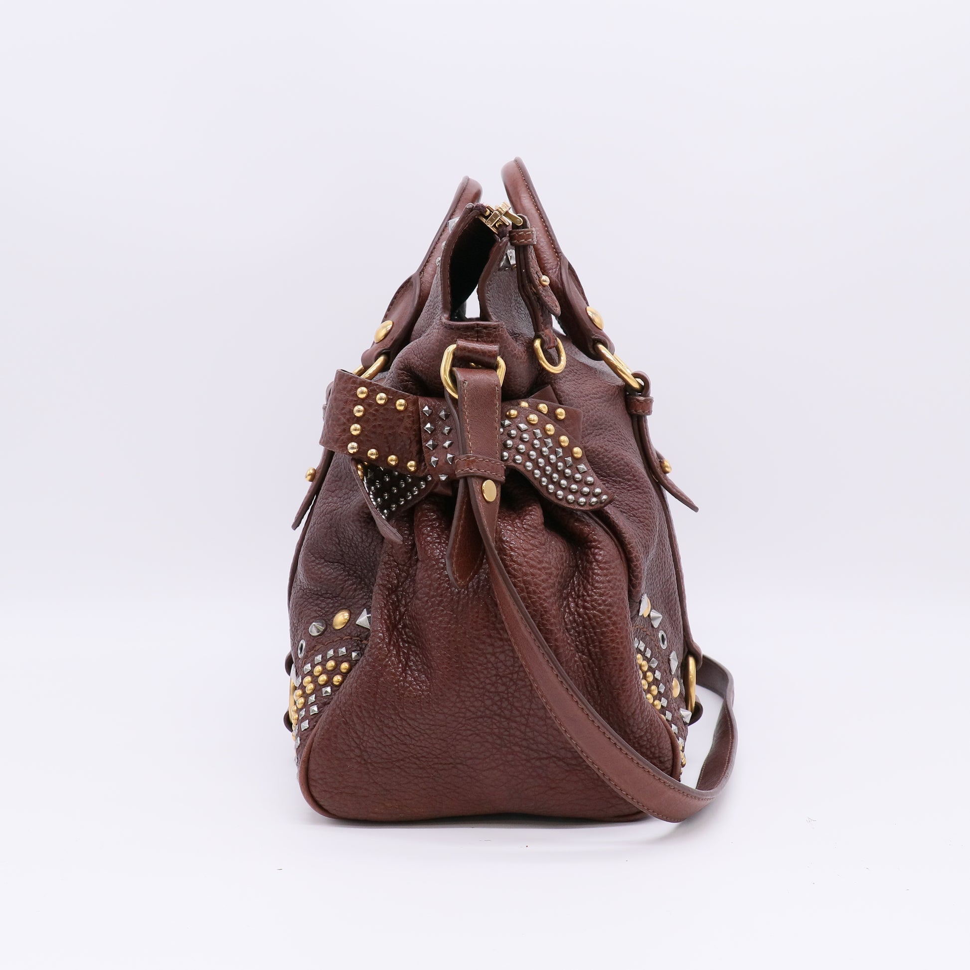Miu Miu Leather Vitello Lux Bow Bag Burgundy/Brown twins B20789
