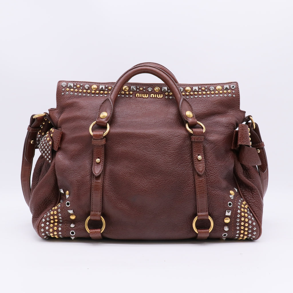 Miu Miu Leather Vitello Lux Bow Bag Burgundy/Brown twins B20789