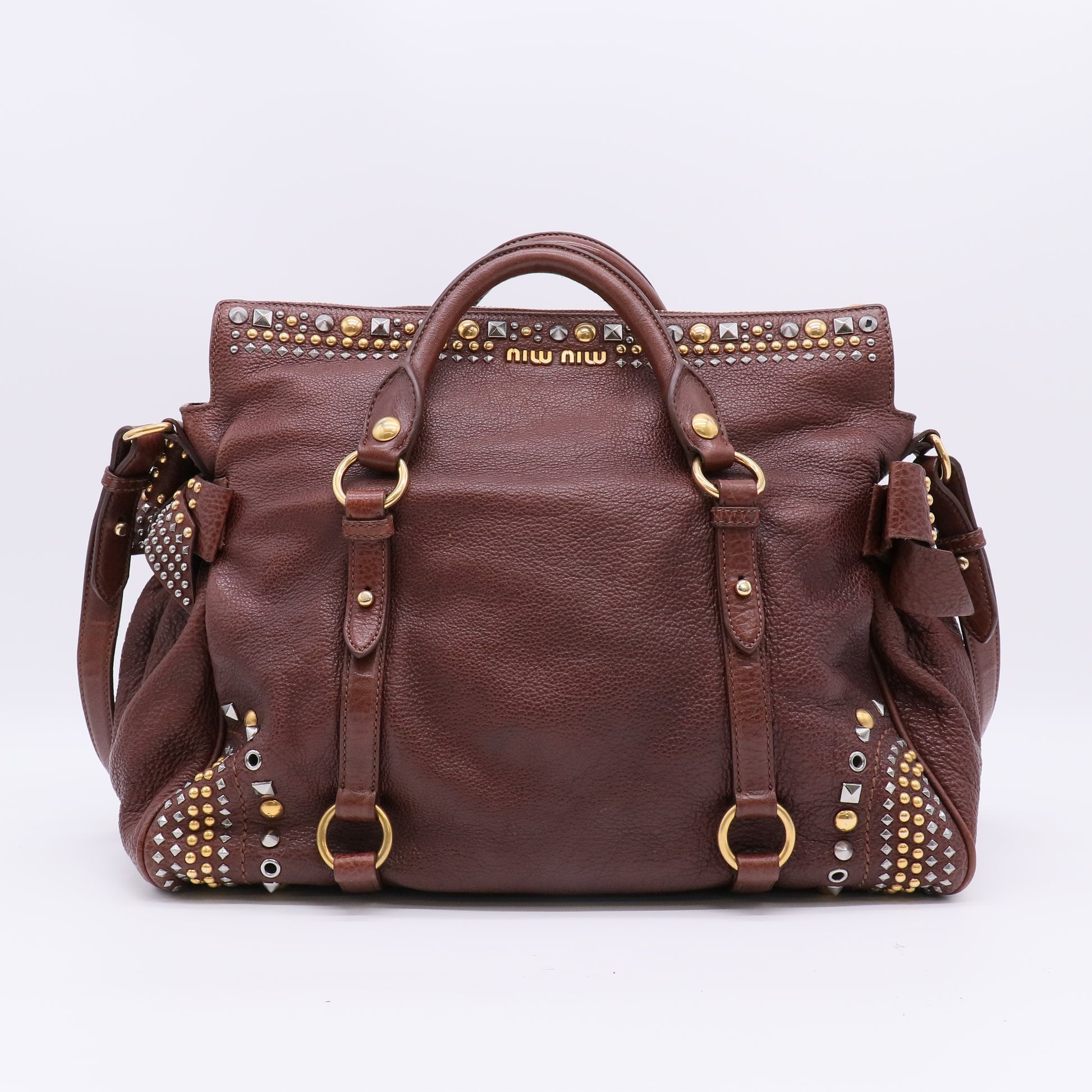 Miu Miu Leather Vitello Lux Bow Bag Burgundy/Brown twins B20789