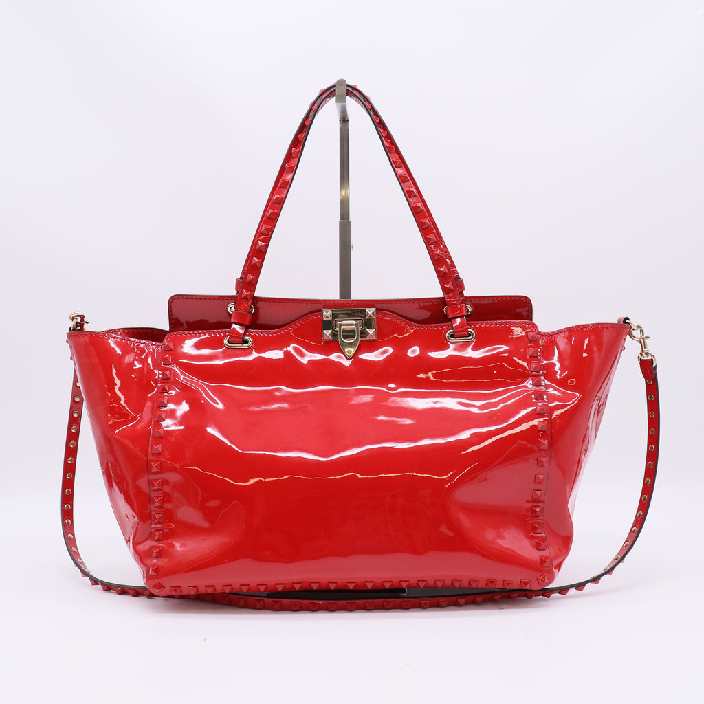 Valentino Red Patent Leather Rockstud Medium Trapeze Tote Bag twins B22663