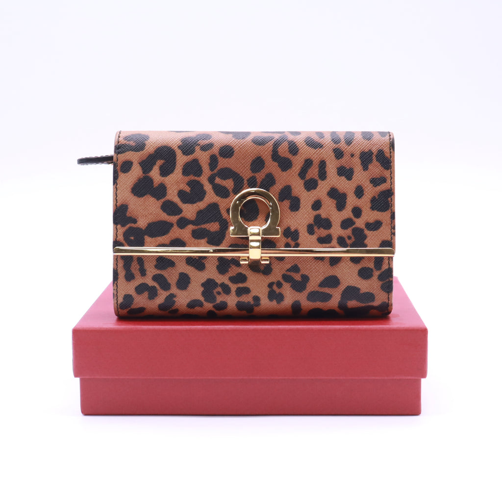 Salvatore Ferragamo Leopard Print Leather Gancio Bit Compact Wallet W22835