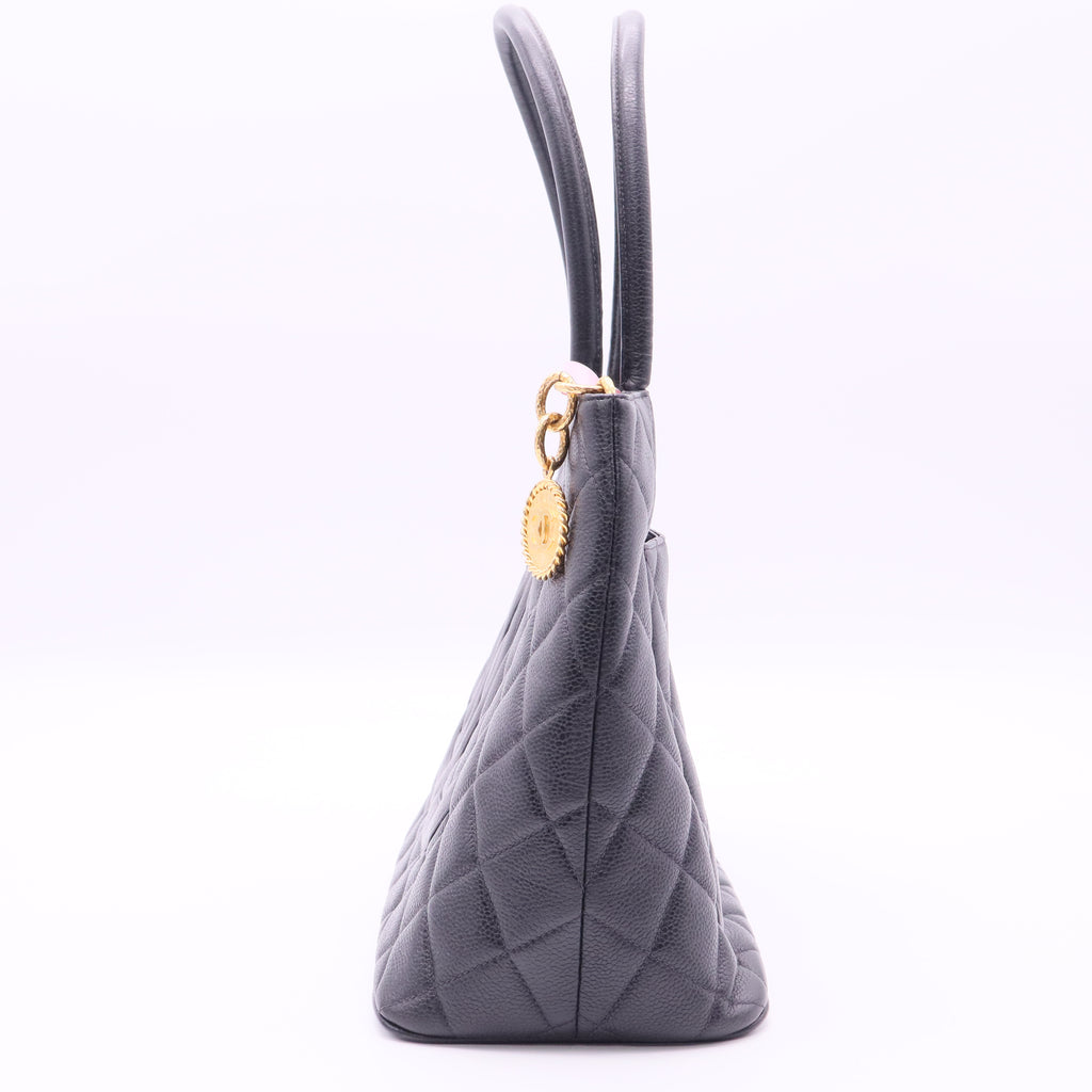 Vintage Black Medallion Tote in Black Quilted Caviar Leather with Gold Hardware Twins