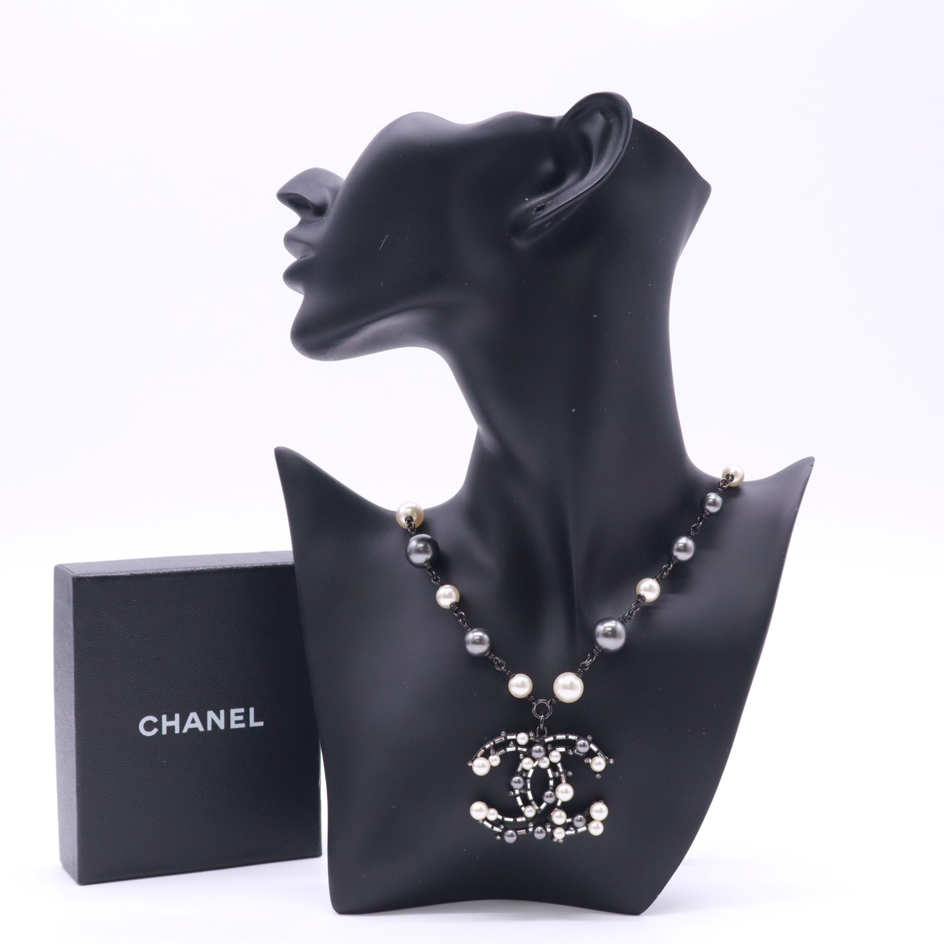 Chanel Ruthenium Metal Pearl Baguette CC Pendant Necklace W22838