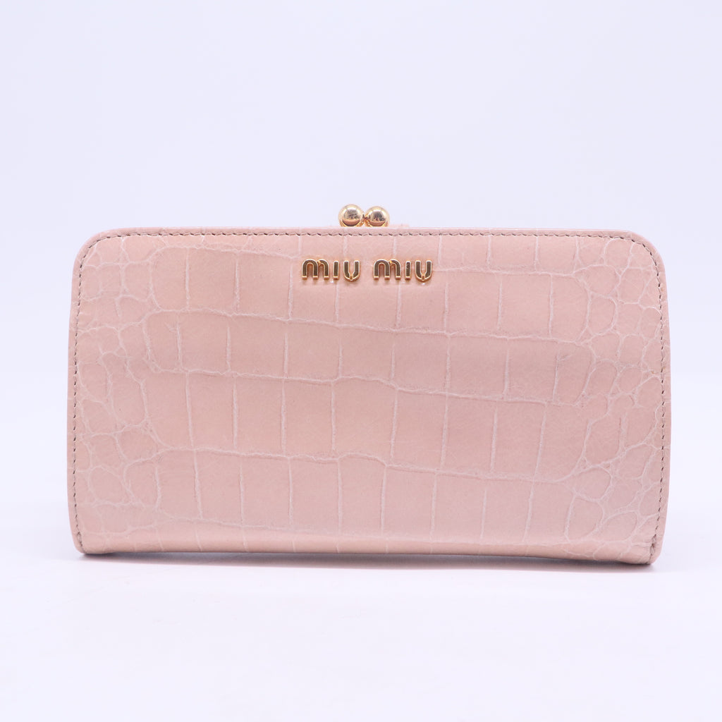 Pink Croc Embossed Leather Twisted Lock Wallet W20551