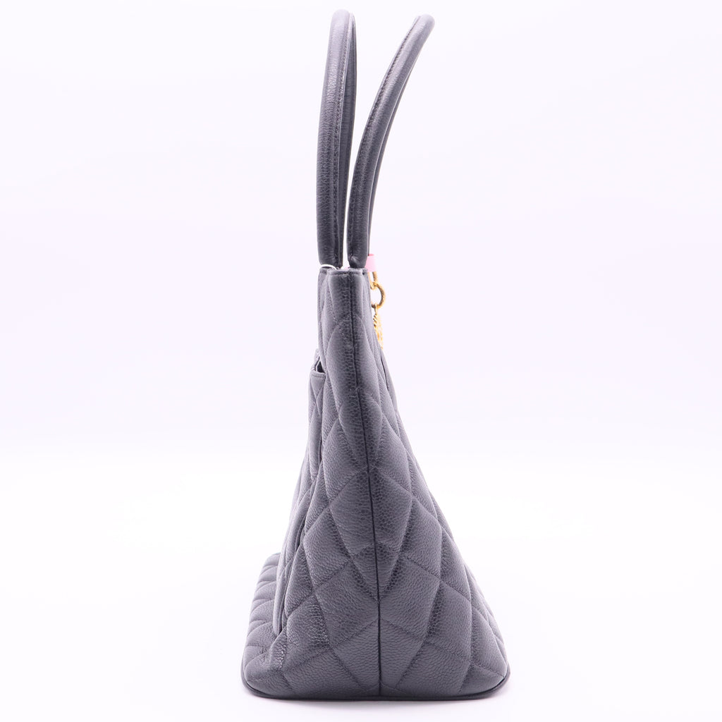 Vintage Black Medallion Tote in Black Quilted Caviar Leather with Gold Hardware Twins