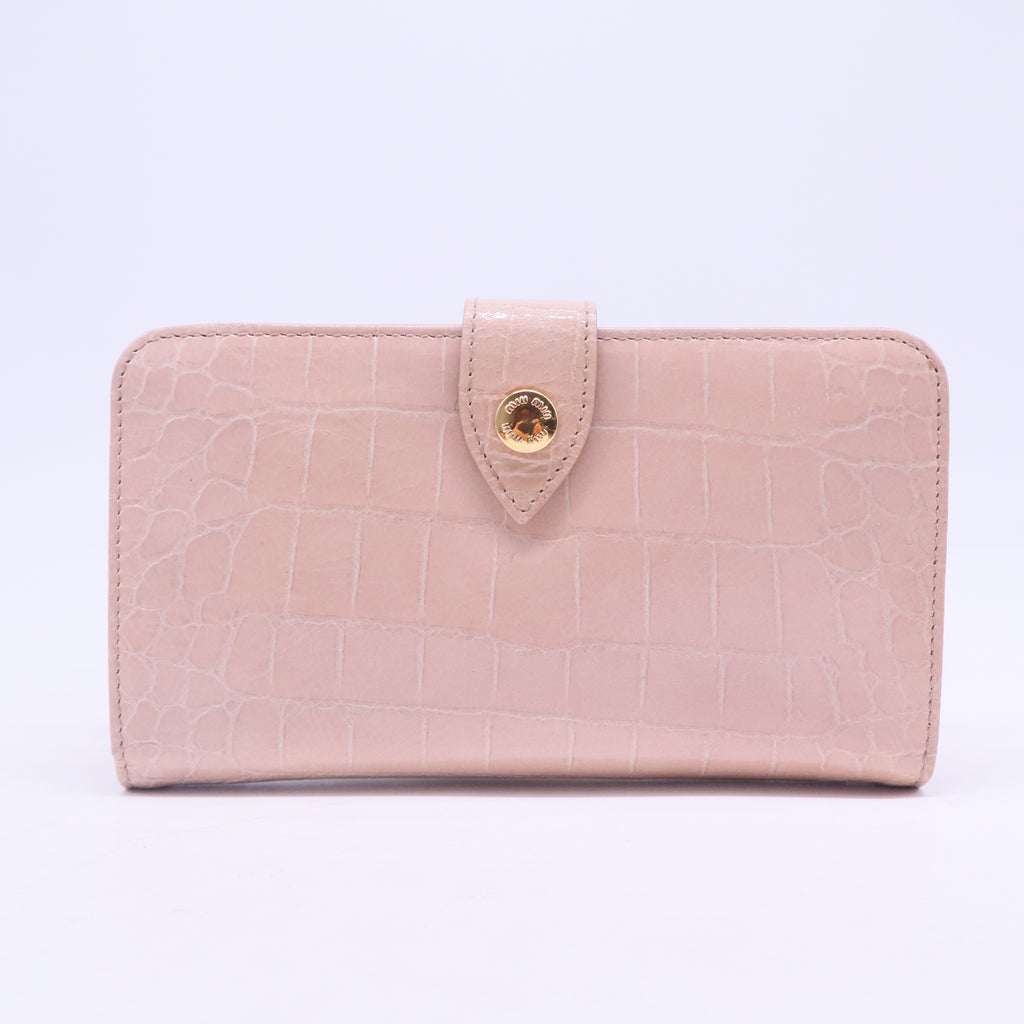 Pink Croc Embossed Leather Twisted Lock Wallet W20551