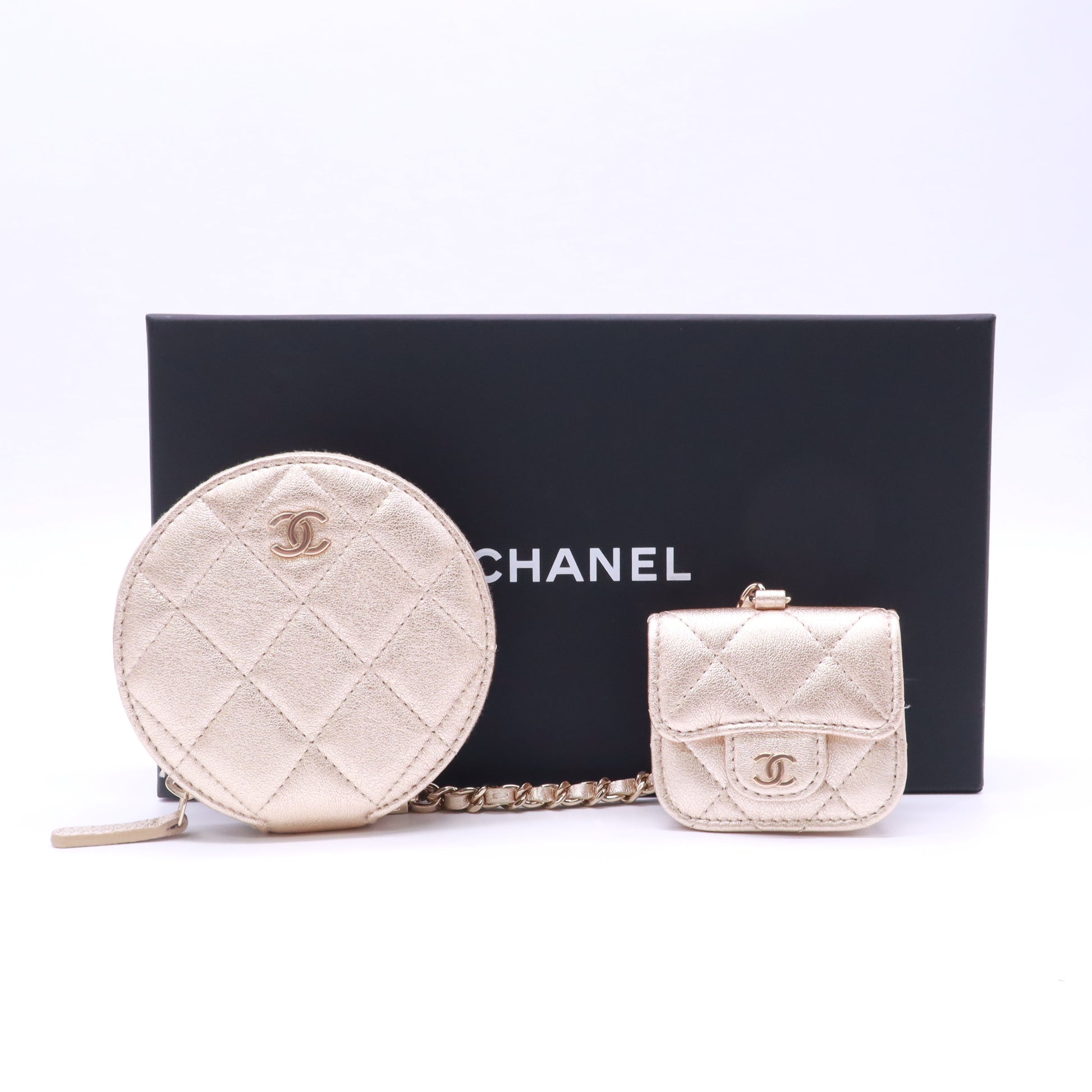 Chanel Metallic Lambskin Quilted Round Clip-On Coin Purse and AirPods Case W22906