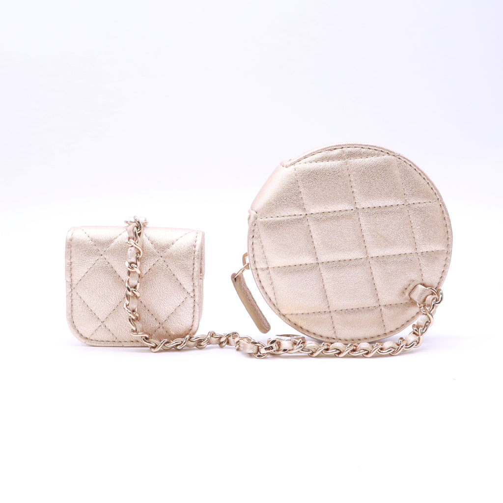 Chanel Metallic Lambskin Quilted Round Clip-On Coin Purse and AirPods Case W22906