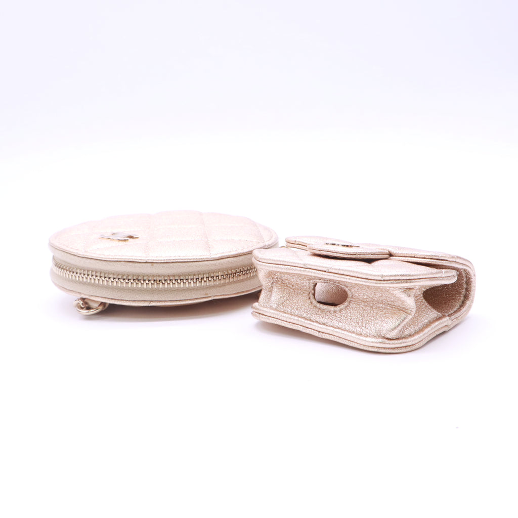 Chanel Metallic Lambskin Quilted Round Clip-On Coin Purse and AirPods Case W22906