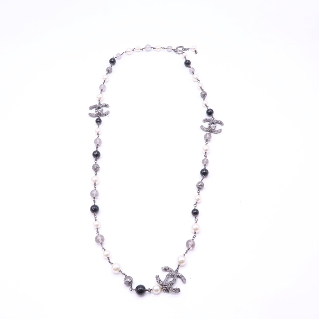 Chanel Gunmetal CC Branch Faux and Black Bead Long Necklace W22893