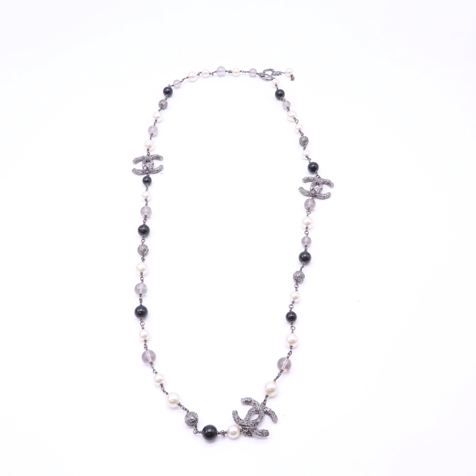 Chanel Gunmetal CC Branch Faux and Black Bead Long Necklace W22893