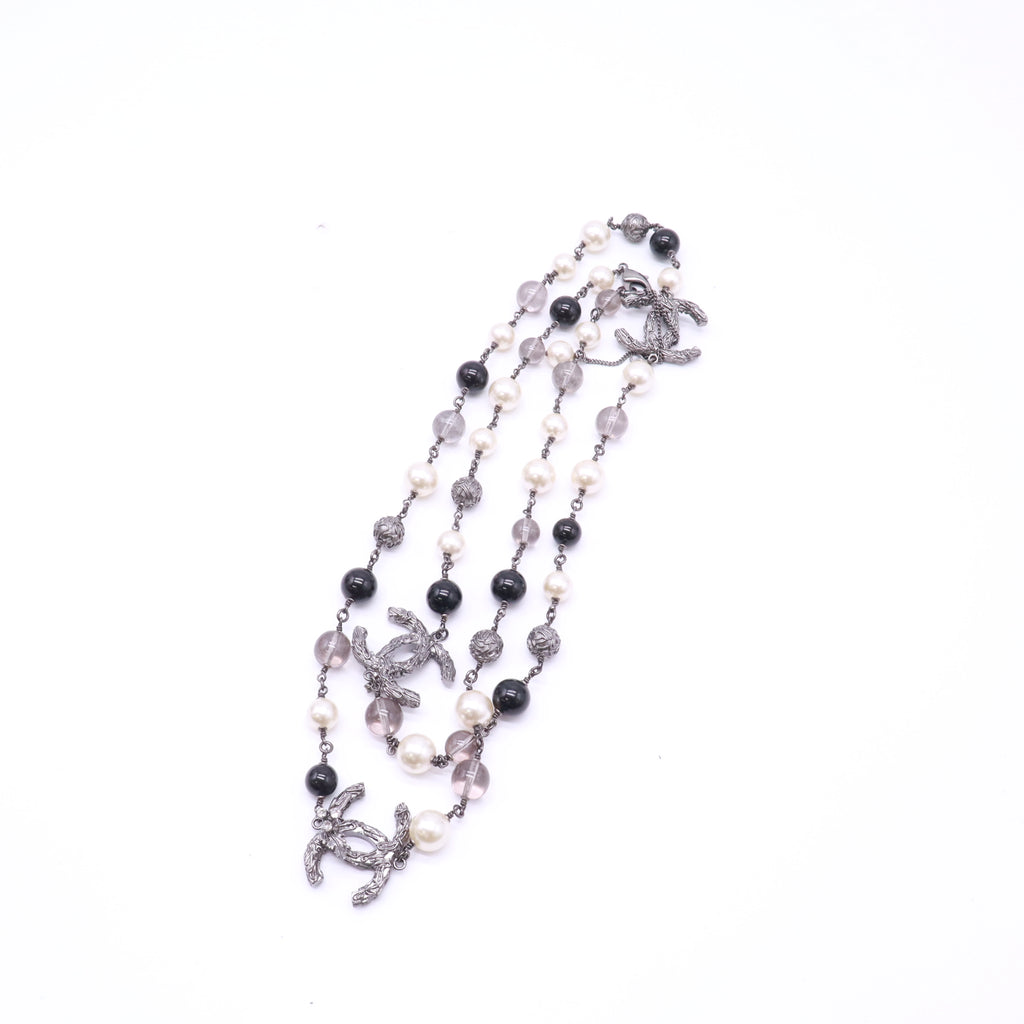 Chanel Gunmetal CC Branch Faux and Black Bead Long Necklace W22893