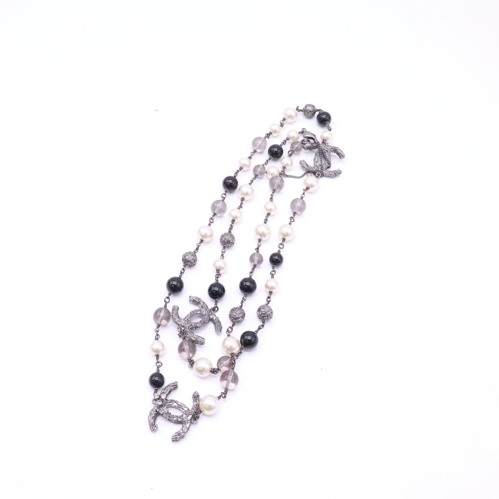 Chanel Gunmetal CC Branch Faux and Black Bead Long Necklace W22893