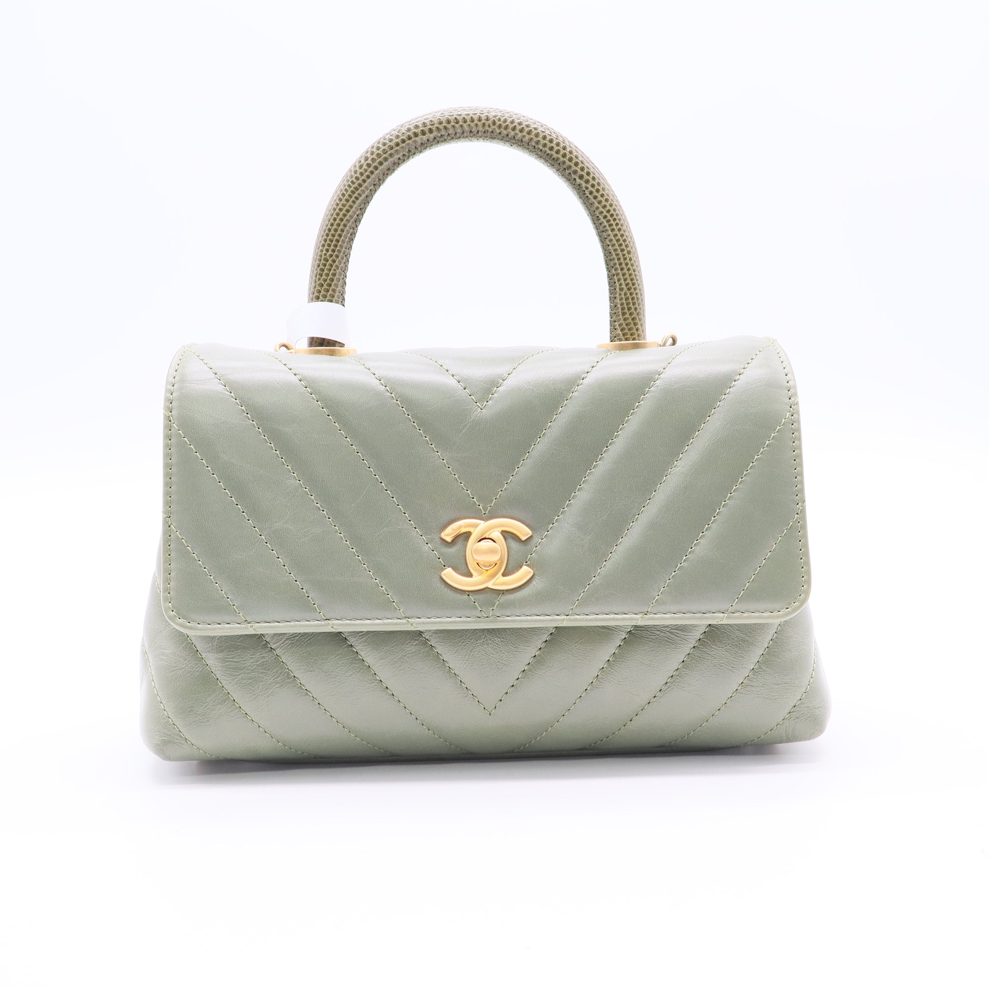 Coco Top Handle Bag Chevron Calfskin (Sage/Celadon Green with Lizard-embossed handle) Small Twins