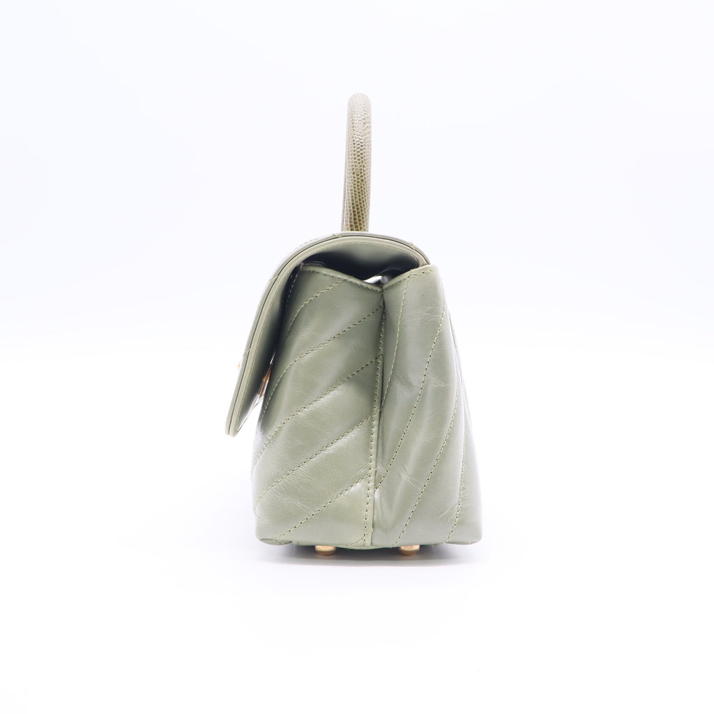 Coco Top Handle Bag Chevron Calfskin (Sage/Celadon Green with Lizard-embossed handle) Small Twins