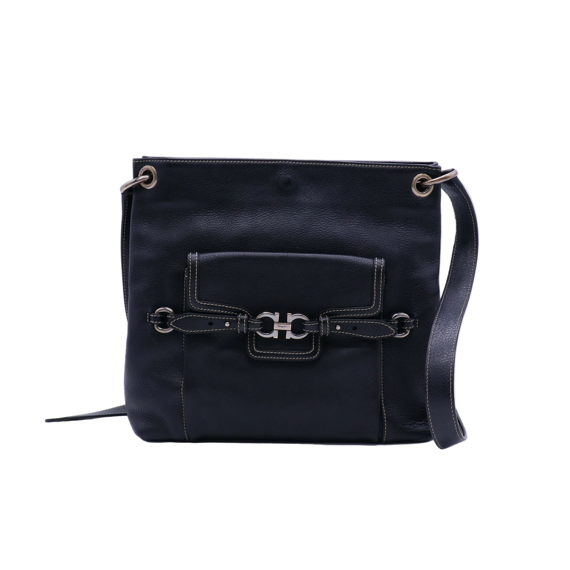 Salvatore Ferragamo Black Pebbled Gancini Leather Fanisa Shoulder Bag twins B21408